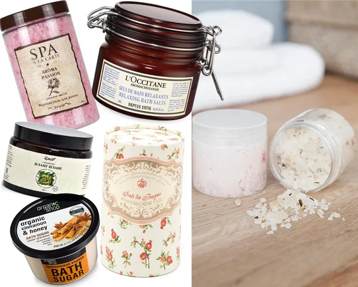 Соль для ванны: Aroma Passion Spa a la Carte, L'Etoile; Иланг-иланг, Mi&Ko; Relaxing Bath Salts, L'Occitane; Sali da Bagno, Santa Maria Novella. Сахар для ванны Organic Cinnamon & Honey, Organic Shop.