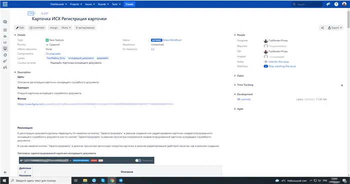 Скрин карточки задачи из менеджера Jira